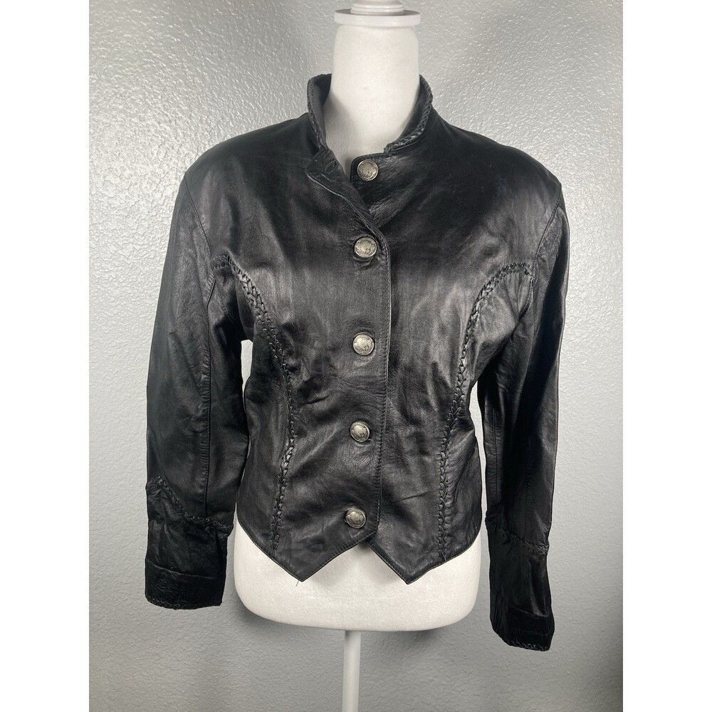 Vintage Black Leather Jacket M Buffalo Nickel Western Grunge Biker Edgy 80s 90s